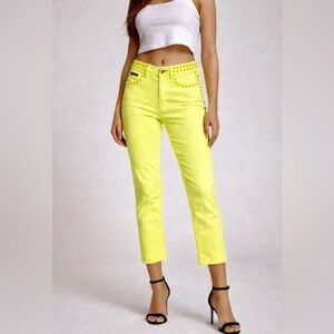 NWT Philipp Plein Couture Neon Yellow Embellished Capri Jeans – Size 25